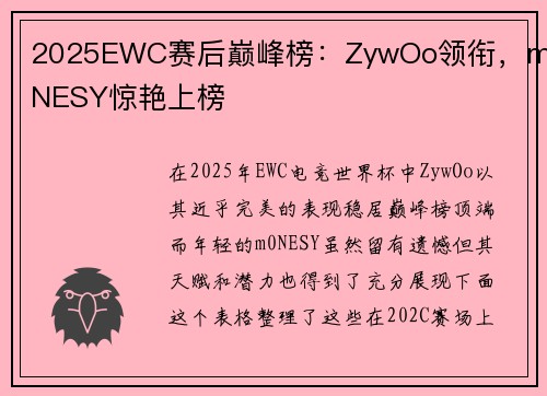 2025EWC赛后巅峰榜：ZywOo领衔，m0NESY惊艳上榜